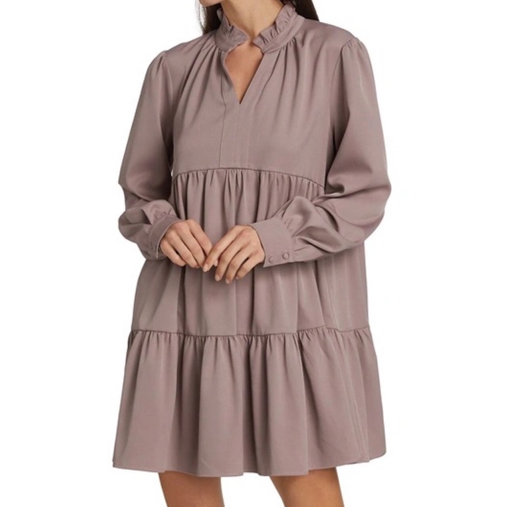 En Saison Tiered Babydoll Dress Peasant Band Collar Long Sleeve Mushroom M - Picture 2 of 16